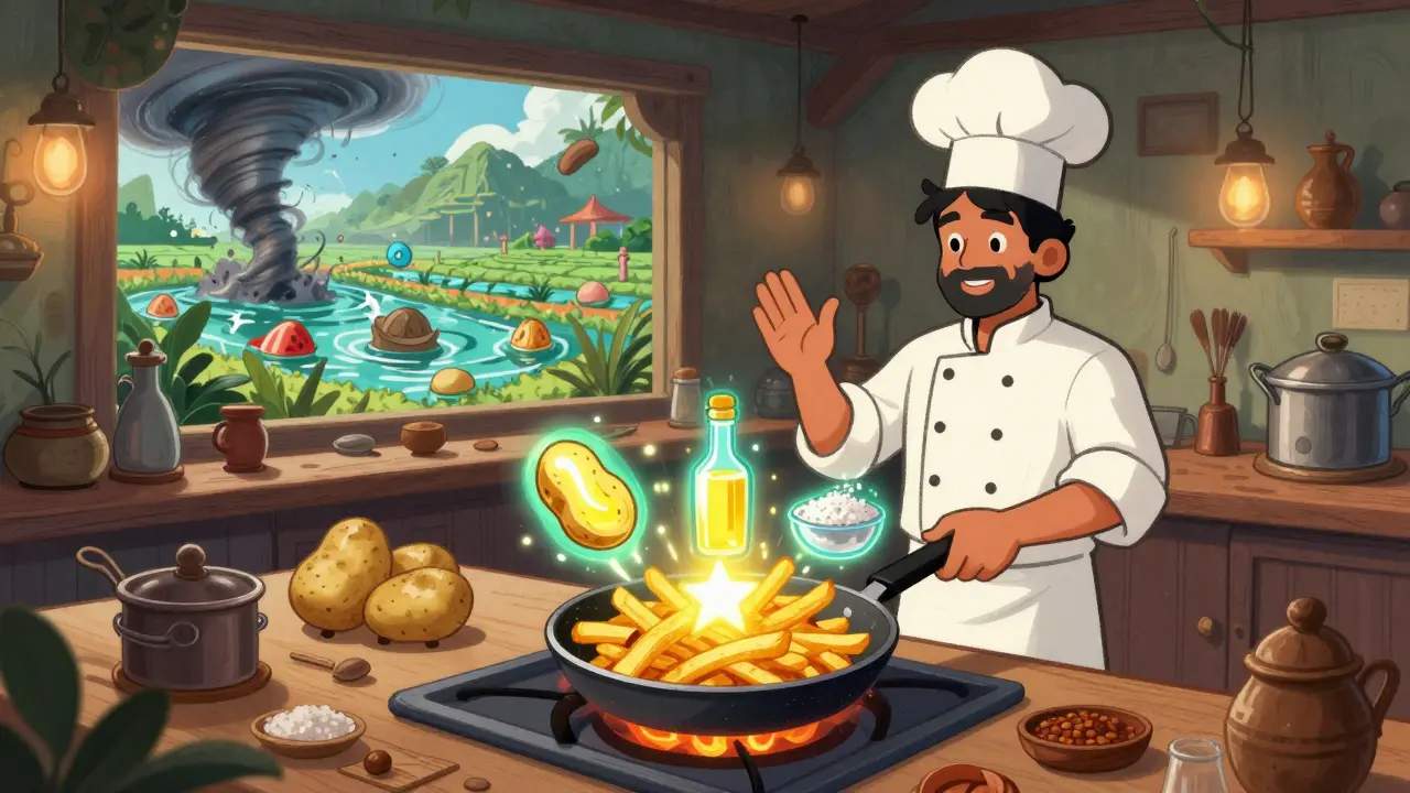 A player transforms three ingredient NFTs into a glowing Dish NFT of French fries, watched by a holographic chef.