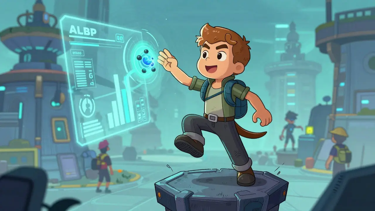 A Polqueen NFT character in motion, reaching for a resource node in the beta metaverse with ALBP meter rising.