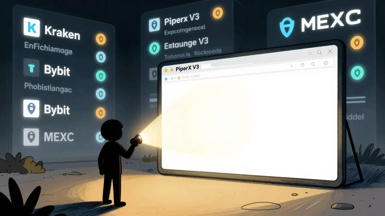 A shadowy figure examining a blank PiperX V3 webpage while well-known exchanges glow brightly behind them.