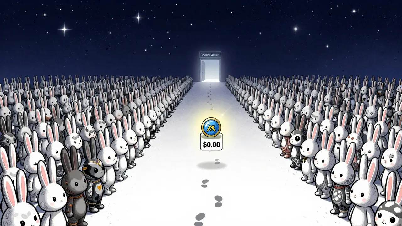 A single glowing KAKA token floats alone in an empty digital marketplace surrounded by 10,000 rabbit NFTs.