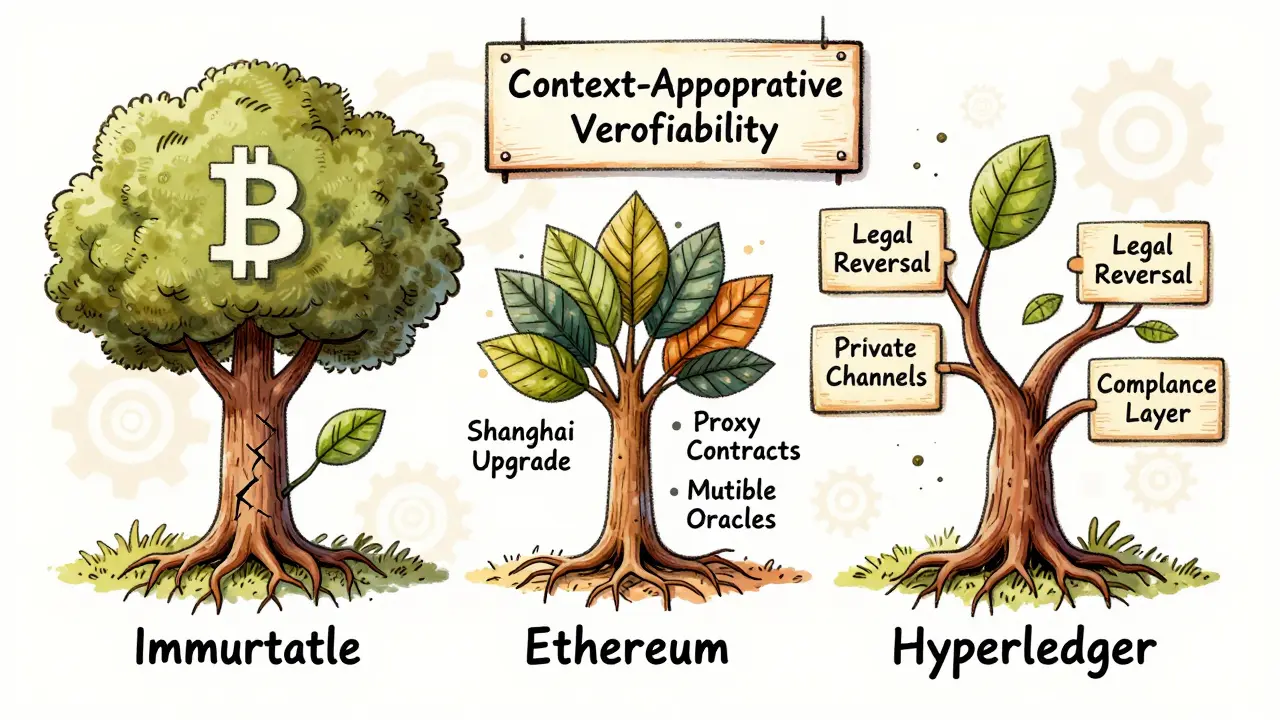 A tree with three blockchain branches showing different approaches to immutability and adaptability.