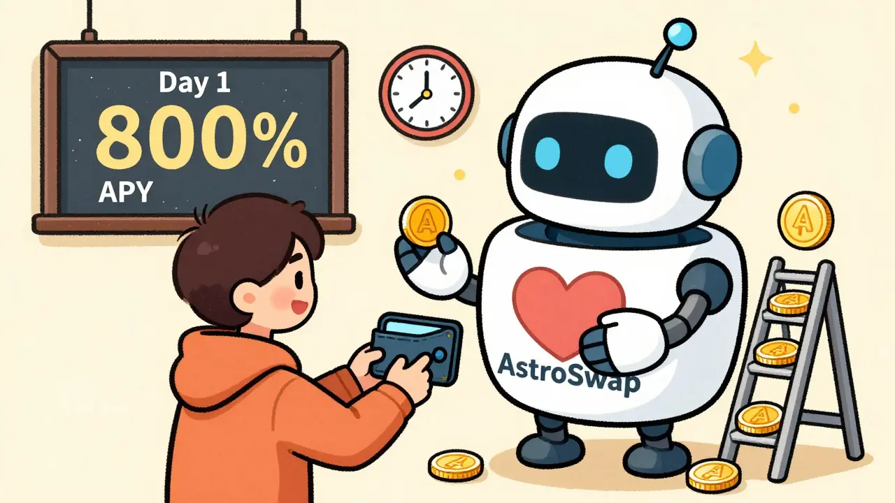 A user connecting a wallet to a friendly robot that dispenses ASTRO tokens, with a scoreboard showing 800% APY and ADA turning into ASTRO.