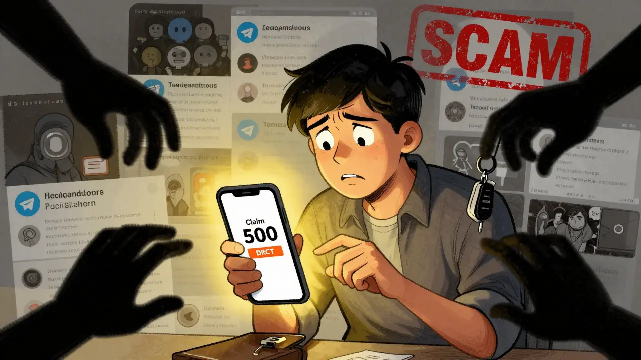 A user stares at a fake DRCT claim pop-up while shadowy hands steal their wallet keys.