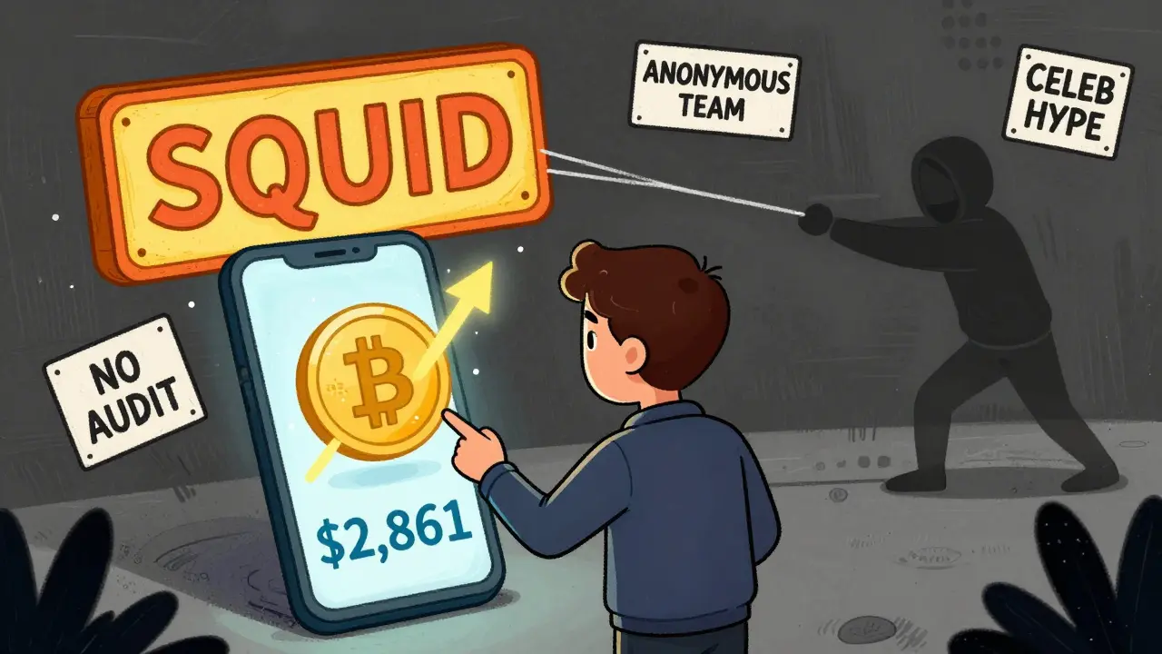 A young investor celebrates a rising token as a shadowy figure pulls the rug out from under it.