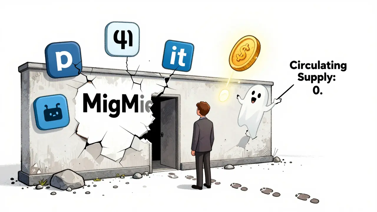 An investor faces a crumbling wall labeled 'MigMigEx' that reveals nothing behind it, surrounded by empty social media icons.