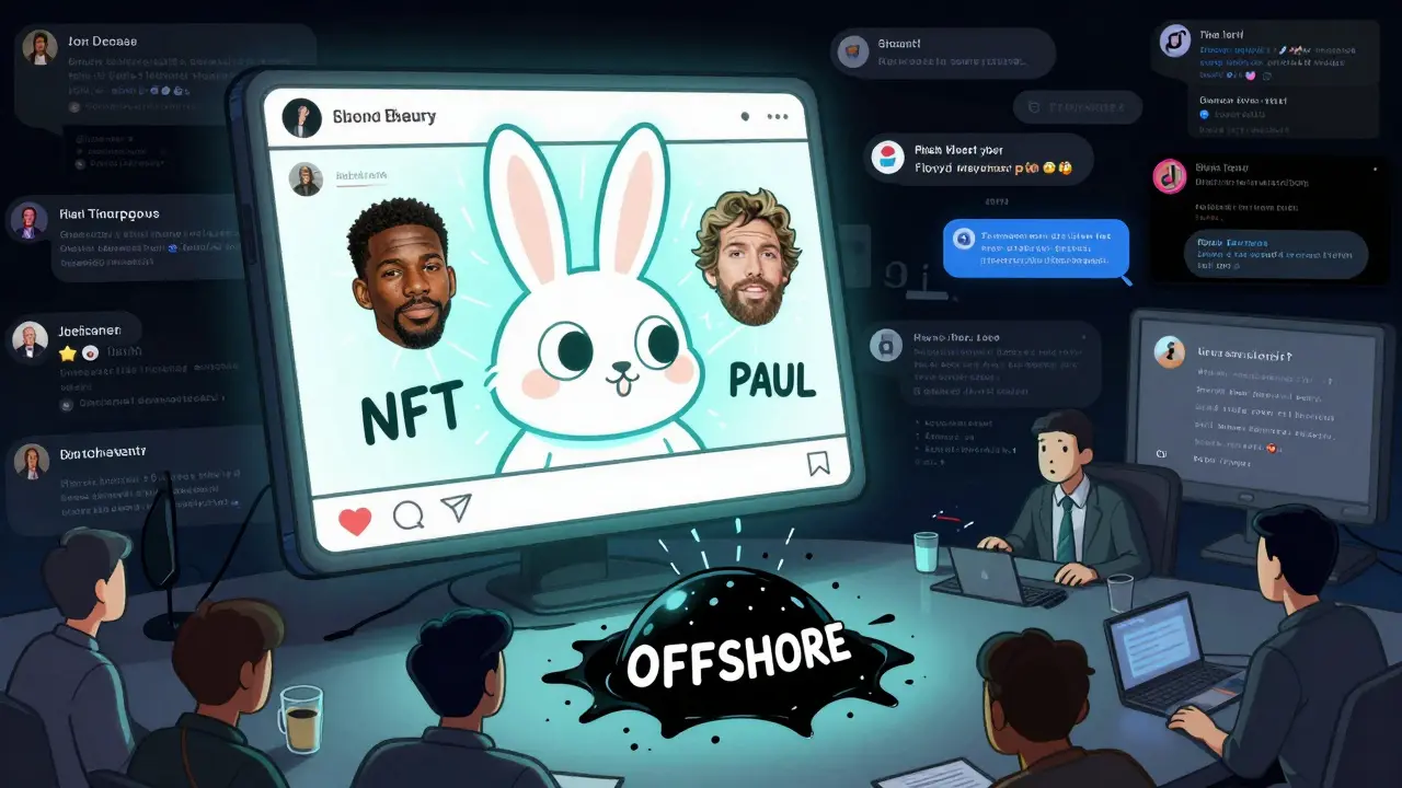 An NFT bunny is falsely endorsed by celebrities while developers drain funds into a black hole.