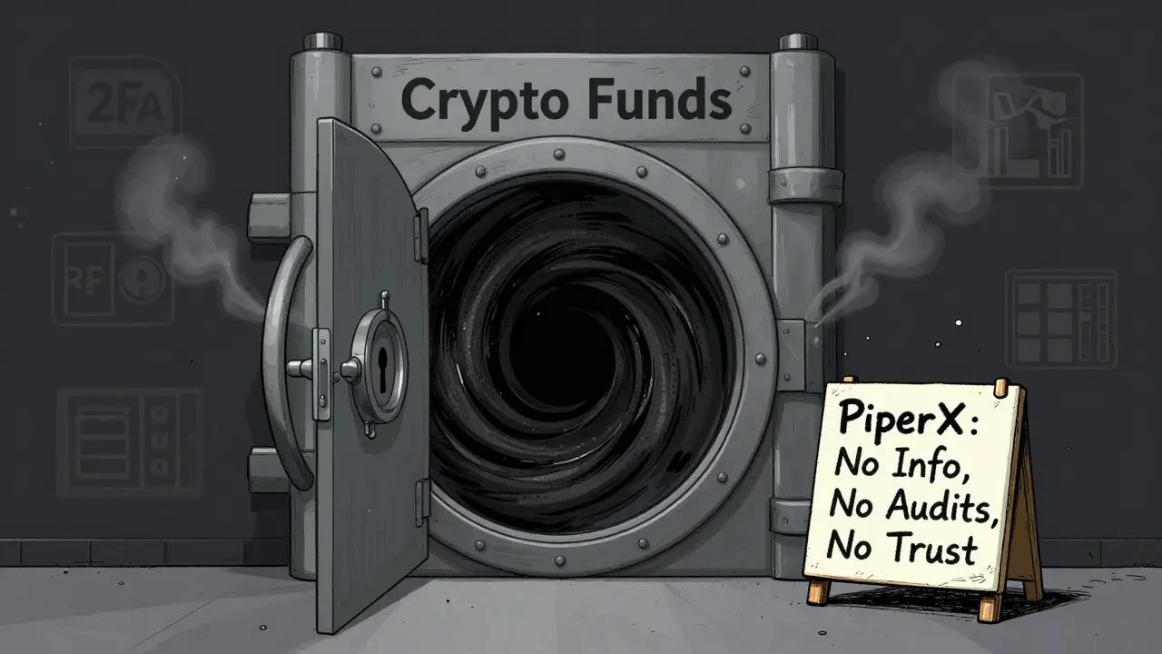 An open vault leading into a black hole with a sign saying 'No Info, No Audits, No Trust' in shaky handwriting.