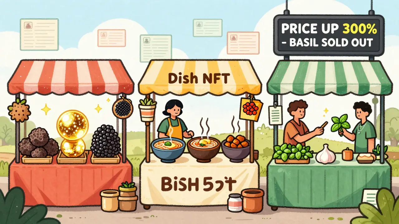 Colorful market stalls trading rare food NFTs like truffles and dishes, with a sign showing a 300% price surge for basil.