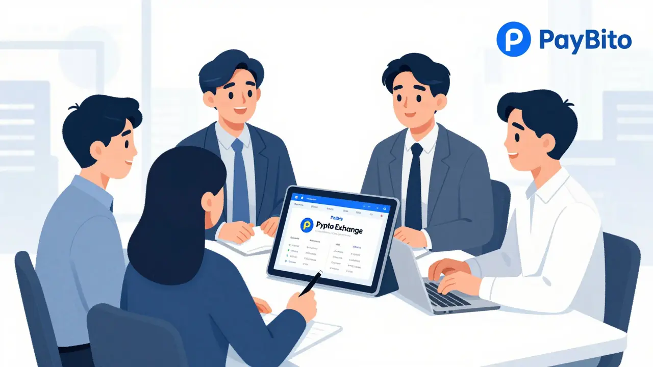 Entrepreneurs discussing white-label crypto exchange platform during a business meeting