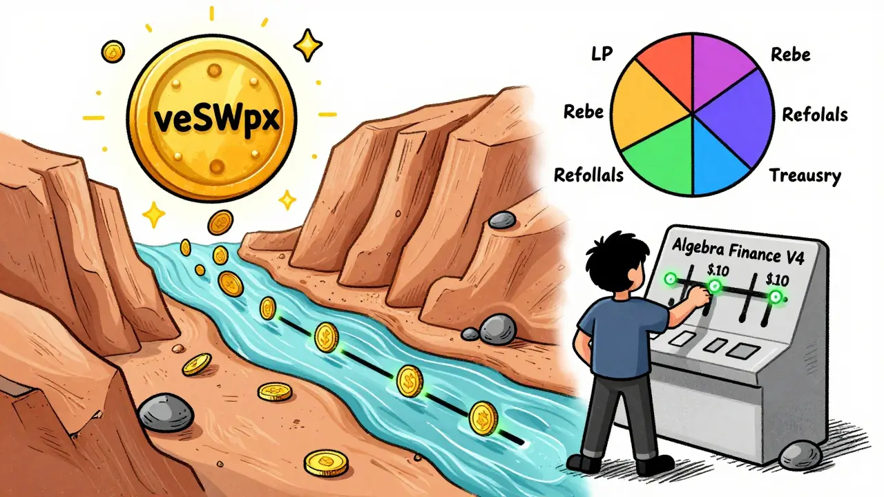 Illustration of a liquidity provider adjusting a narrow price range, with coins flowing only in a glowing zone while idle coins sit as stones.