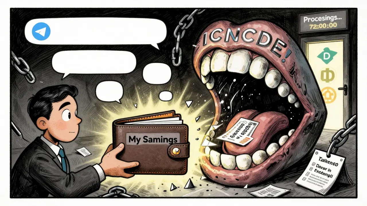 Investor's wallet being swallowed by a logo-shaped monster made of expired certificates and fake reviews.