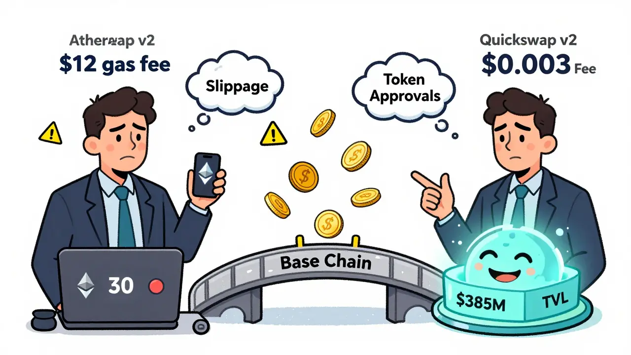 Split illustration comparing high fees on Ethereum with near-zero fees on Quickswap v2 on Base, connected by a bridge.