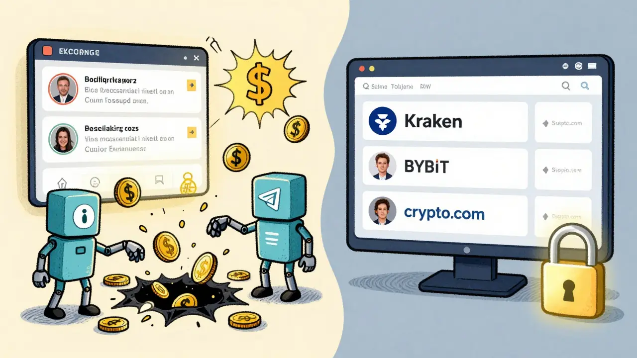 Split scene: chaotic scam interface on left vs. calm legitimate exchange dashboard on right.