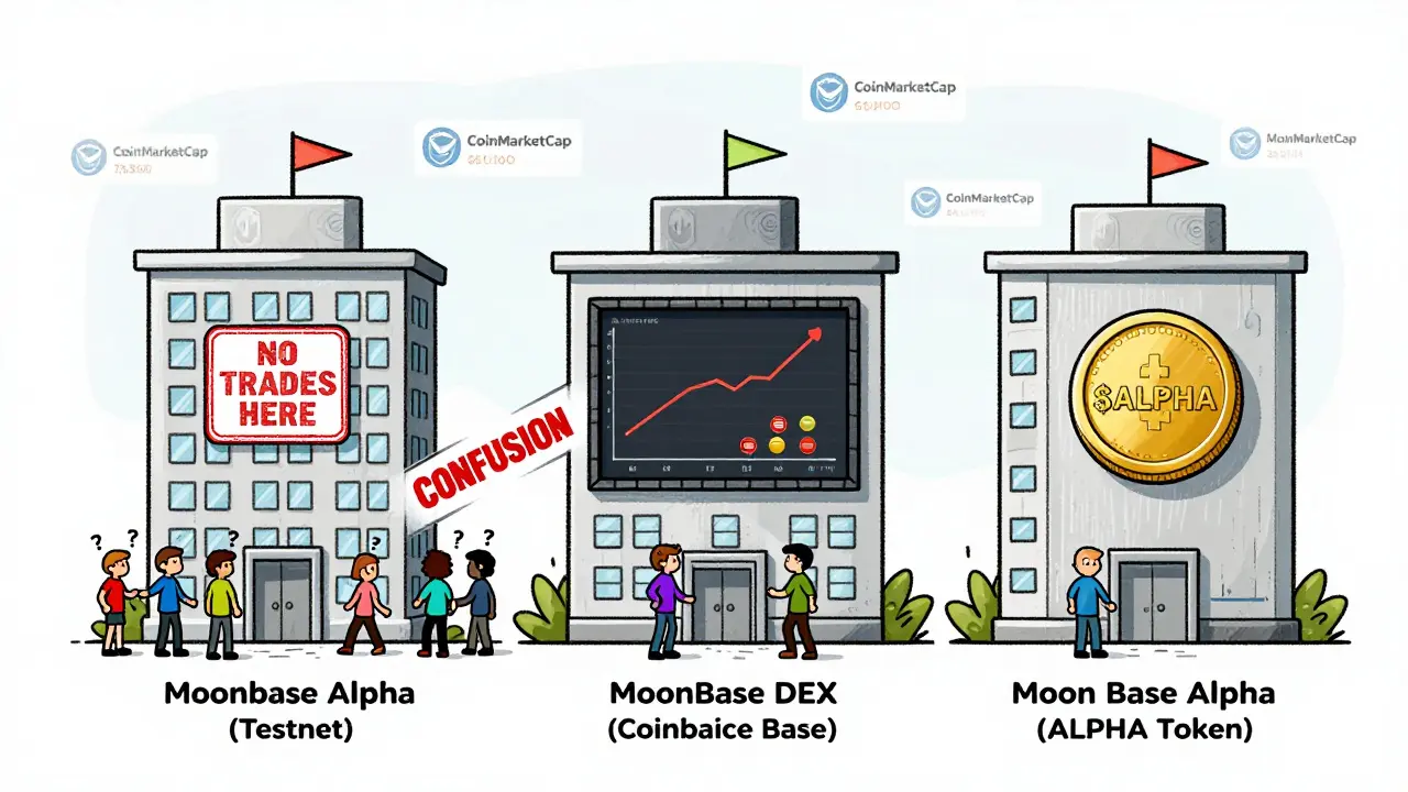 Three buildings with similar names: one labeled testnet with 'no trades', another a real DEX, and a token listing, with confused users drawn toward the wrong one.