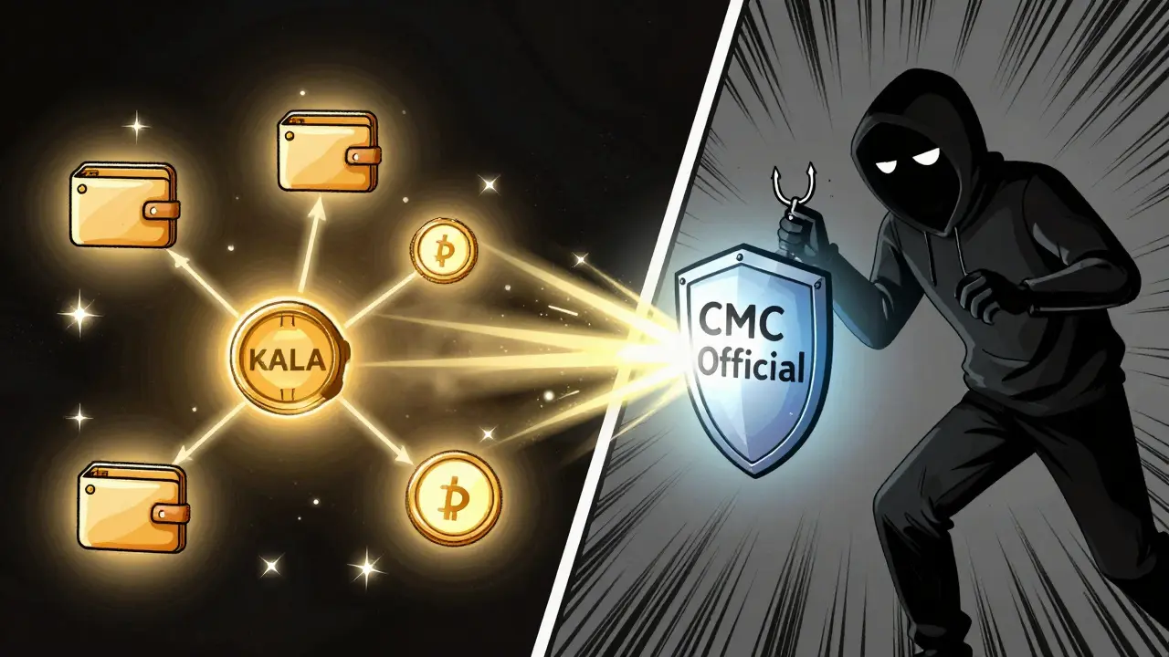 A battle between a secure wallet connection and a phishing scammer, with a shield labeled 'CMC Official' protecting the user.