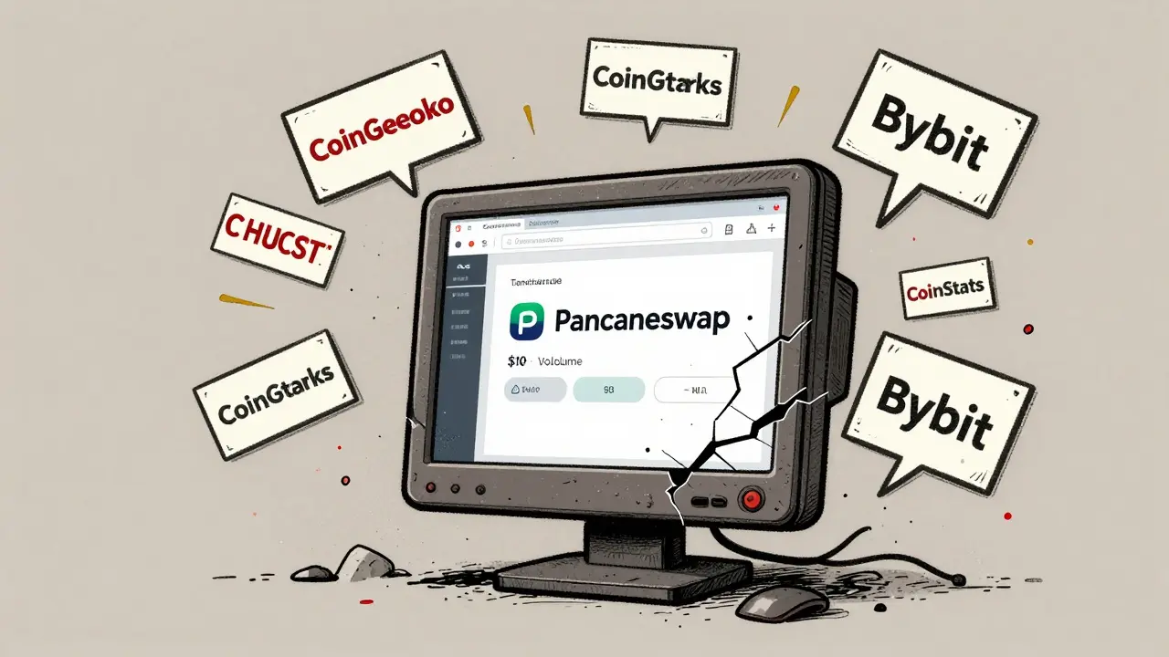 A cracked monitor showing low trading volume on Pancakeswap, surrounded by conflicting price tags.