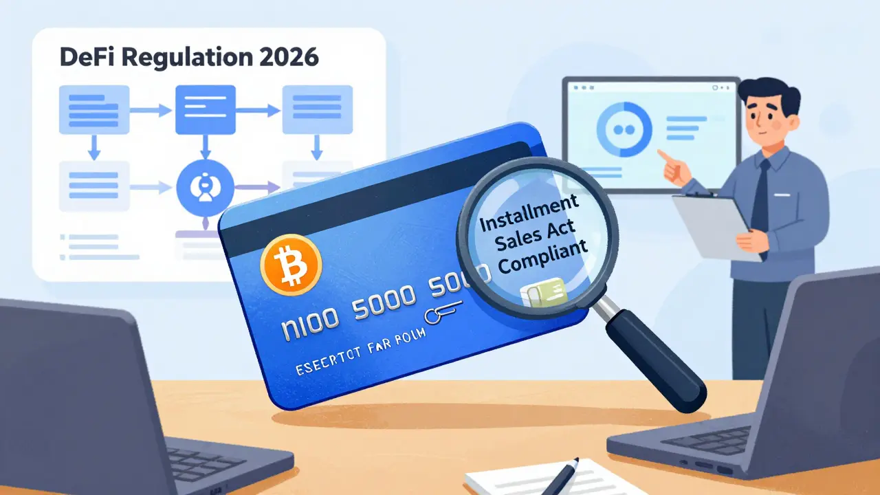 A crypto credit card displays clear financial terms, complying with Japan's consumer protection laws for crypto spending.