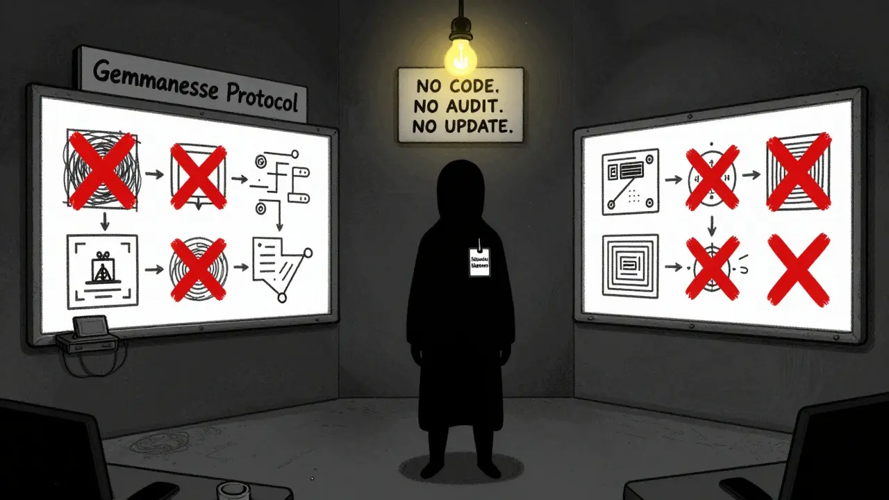 A mysterious figure in a dark room surrounded by abandoned blockchain ideas marked with Xs.