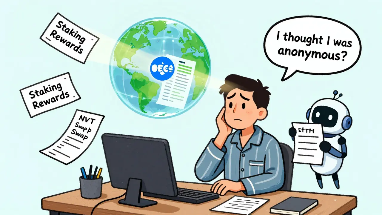 A person at a desk surrounded by crypto transaction receipts, with a globe projecting tax data onto their form.