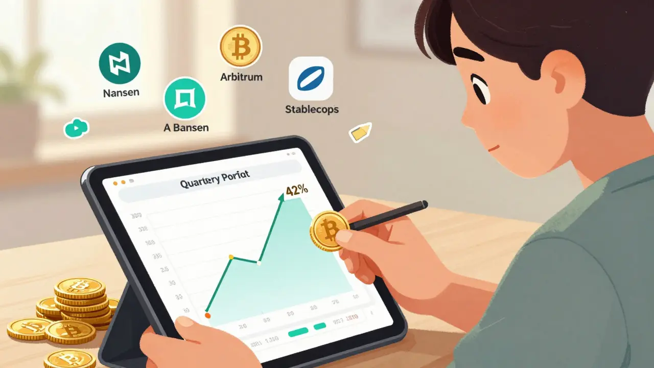A person calmly rebalancing a crypto portfolio chart, selling Bitcoin to invest in Arbitrum and stablecoins, with portfolio tools floating nearby.
