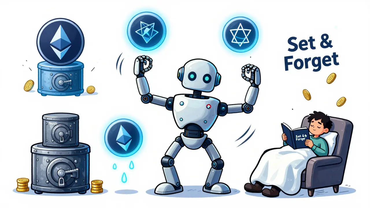 A robotic advisor juggling blockchain vaults, auto-compounding rewards while a user naps peacefully.