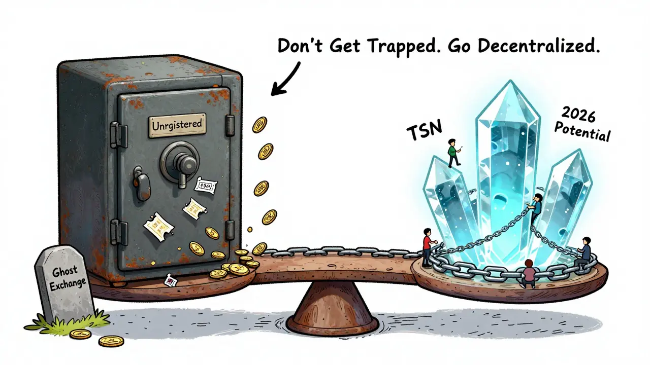 A scale weighing a dangerous ghost exchange against a glowing, community-powered decentralized protocol.