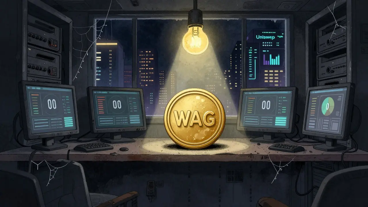 A single WAG token resting alone on a dusty shelf in a dark, abandoned server room, with frozen dashboards and distant active DEXes visible through a window.