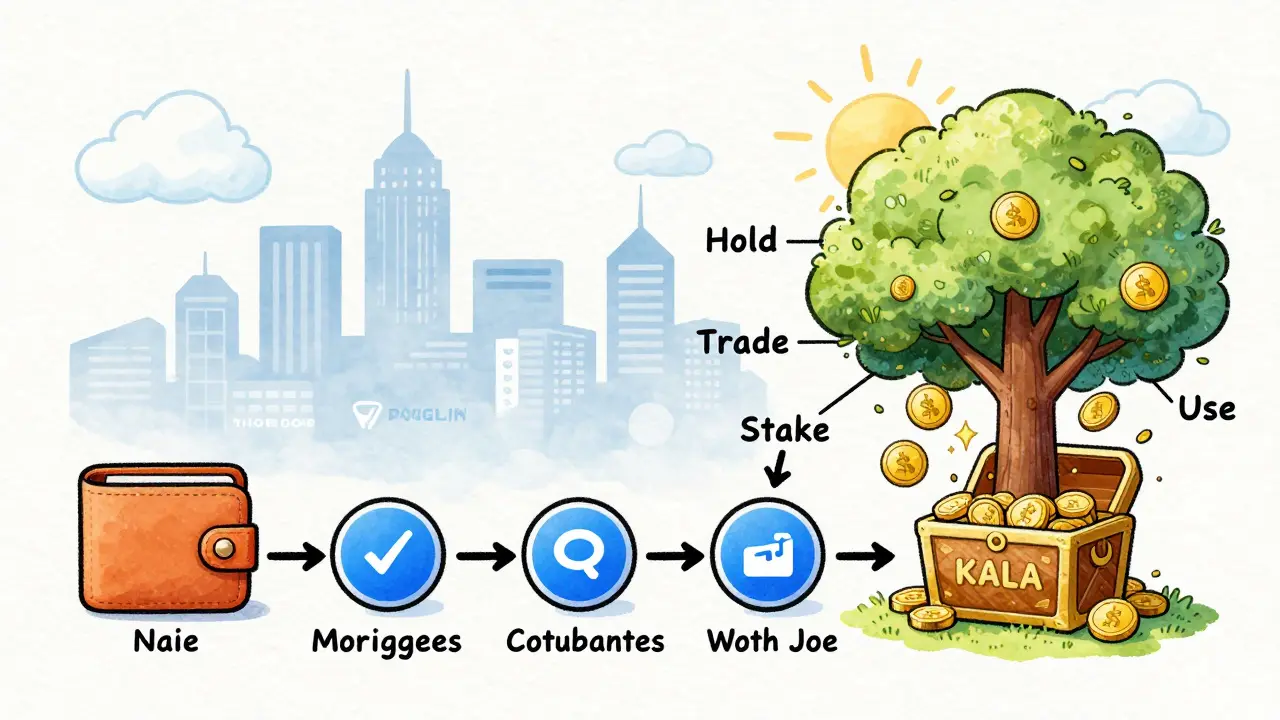 A timeline showing a wallet filling with tokens that grow into a tree representing crypto holding, trading, staking, and using options.