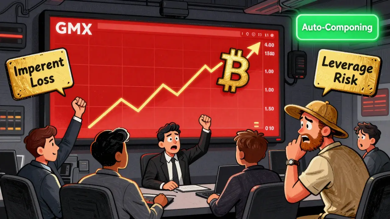 A trader watches volatile GLP pool balances dip during a market swing on GMX’s trading floor.