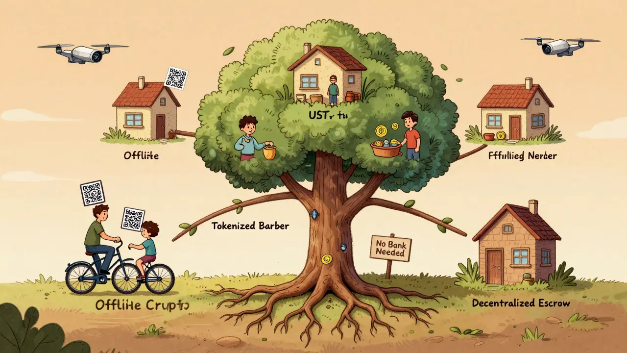 A tree with roots labeled 'Offline Crypto' and 'Tokenized Barter', symbolizing decentralized peer-to-peer trading without banks.