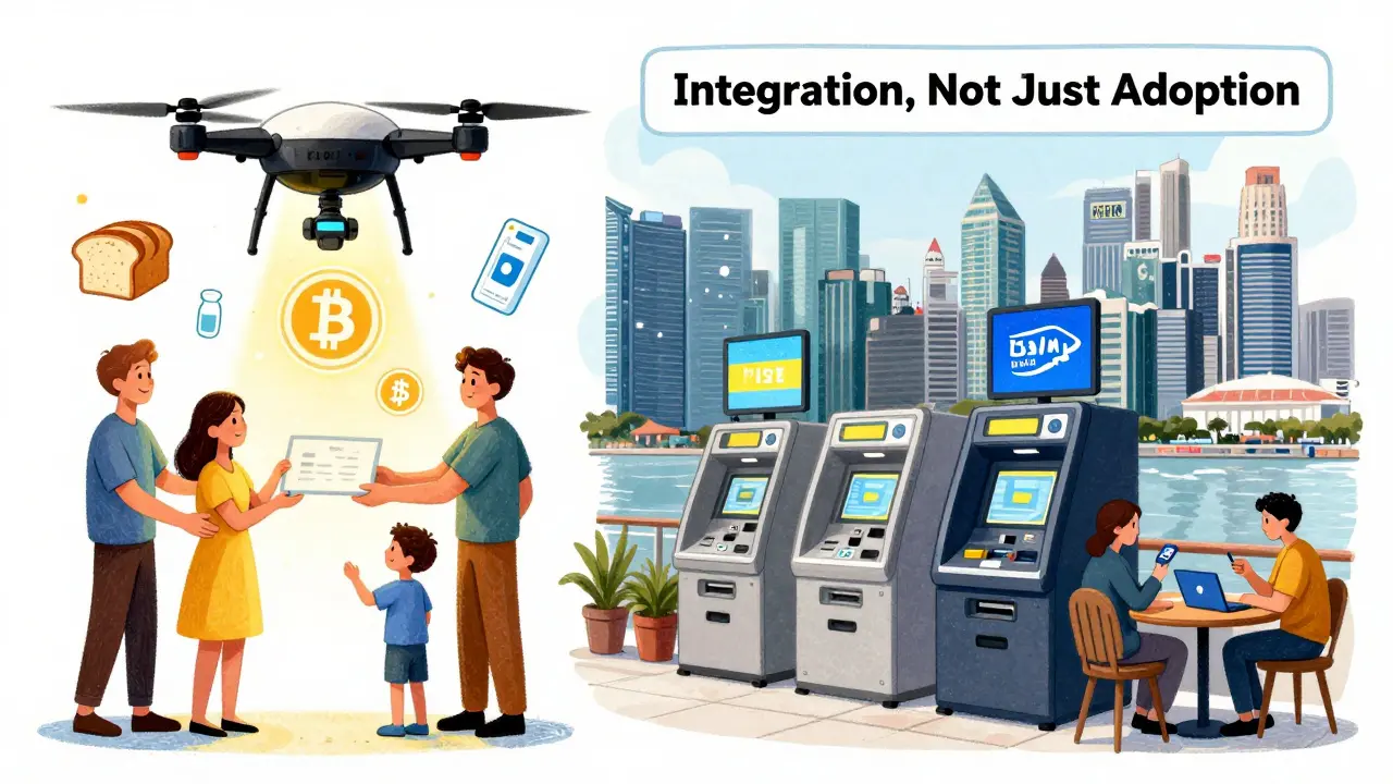 A Ukrainian family receives crypto aid that turns into food, while Singapore's skyline features crypto ATMs and digital nomads.