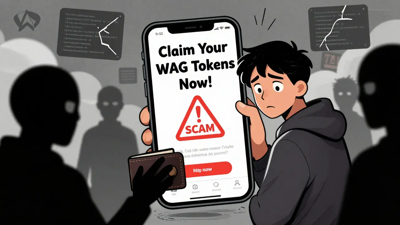 A user being lured by a fake WAG token claim website, while shadowy scammers reach for their wallet, with broken smart contract codes floating nearby.