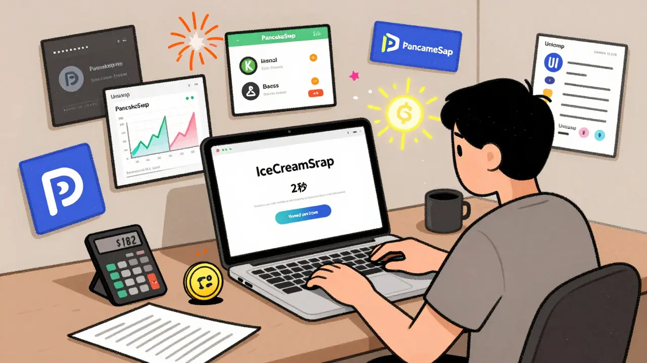 A user calmly using IceCreamSwap while chaotic crypto exchanges explode around them, with a small ICE token showing fee savings.