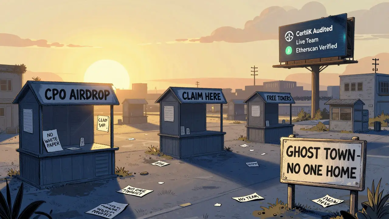 Abandoned crypto scam town at sunset with empty claim booths and a lone sign saying 'No One Home'.