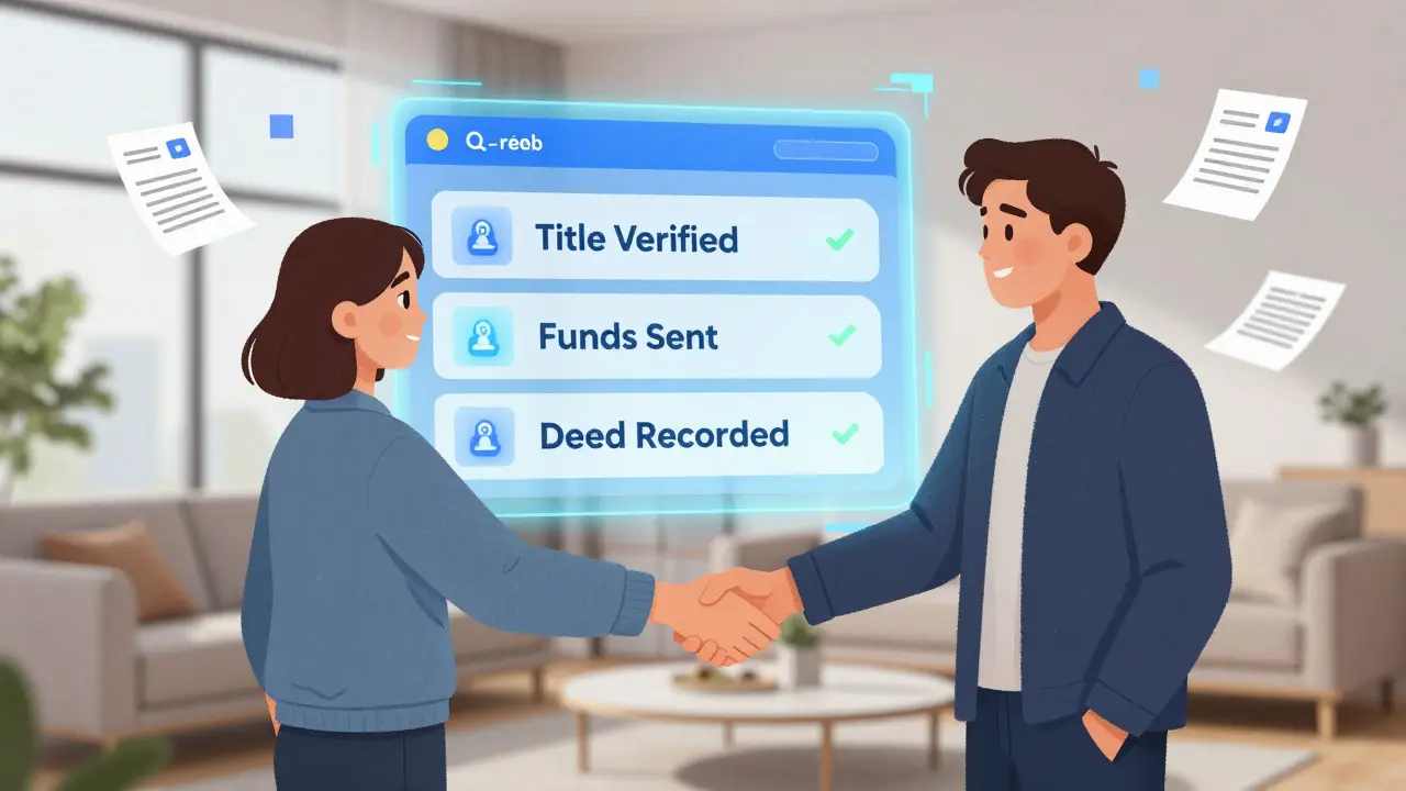 Buyer and seller shaking hands over a holographic blockchain ledger showing real-time closing steps.