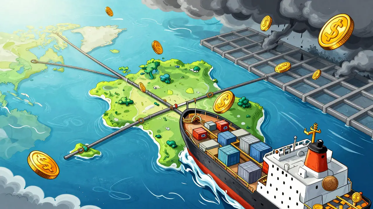 Cargo ship carrying digital assets through open borders.