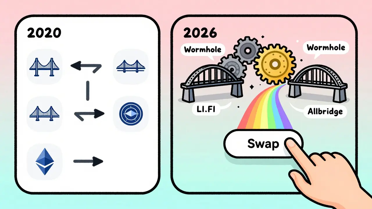 Cartoon-style comparison of old complex bridge interfaces versus modern one-click cross-chain swapping with invisible infrastructure.