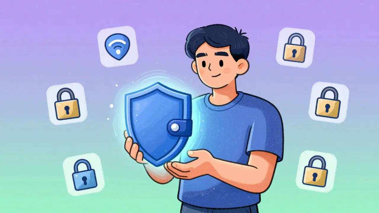 Character holding a shielded digital wallet with safety icons floating around.