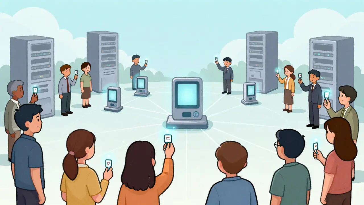 Citizens at a digital kiosk connected to cloud servers in a town square.
