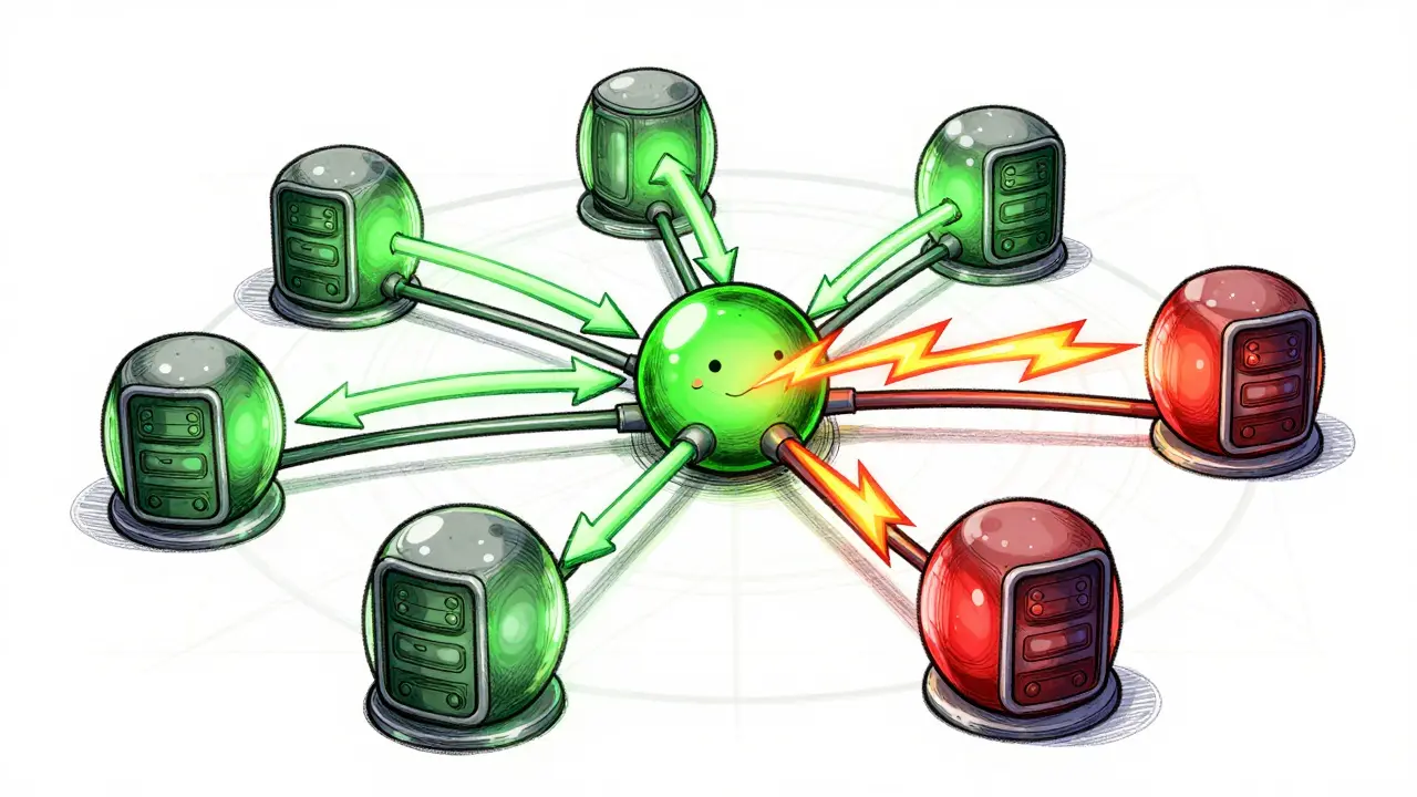 Computer network diagram, green nodes sharing data while red nodes spam errors