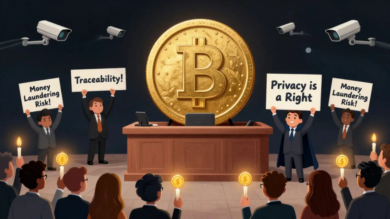 Courtroom scene with a Monero coin on trial, defended by a privacy advocate against regulators.