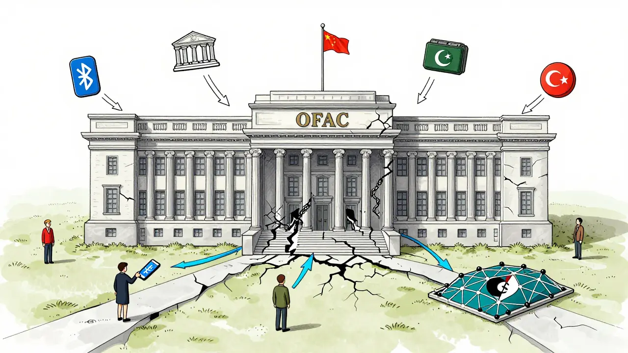 Cracked government building with OFAC label as crypto flows through hidden networks like Bluetooth and proxy wallets, bypassing blocks.