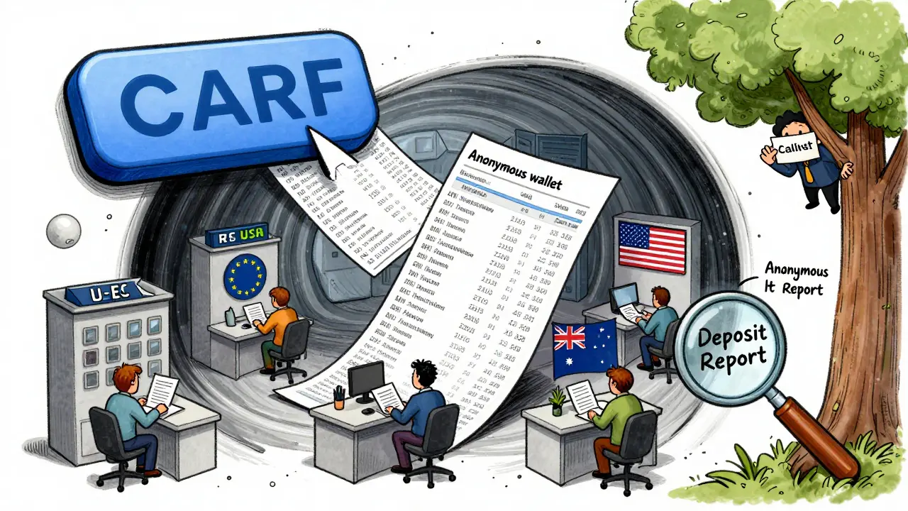 Crypto exchange sending transaction data through a tunnel to tax offices in the EU, US, and Australia, with a hidden wallet being spotted.