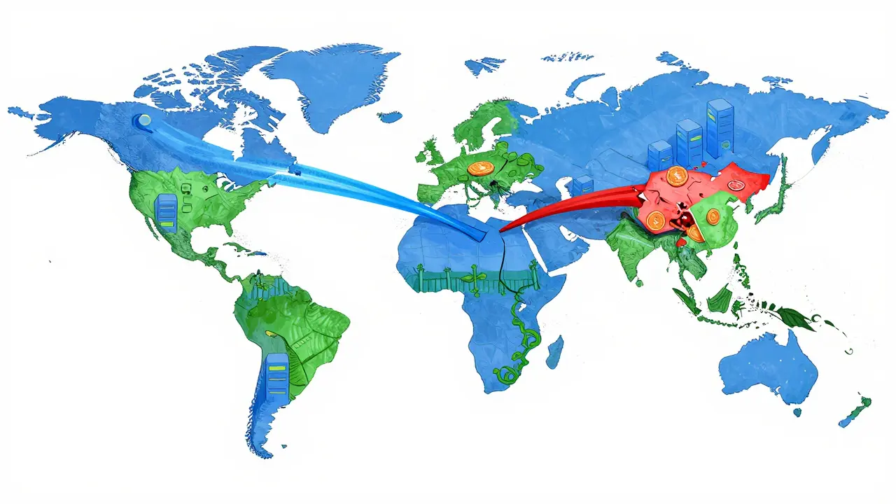 Digital coins flowing globally, some blocked by sanctions, others finding routes.