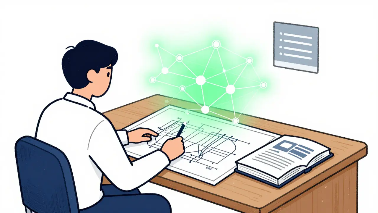 Figure reviewing digital nodes beside an official ledger book