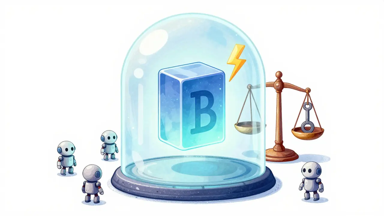 Floating blockchain block under shield, scale balancing speed and safety