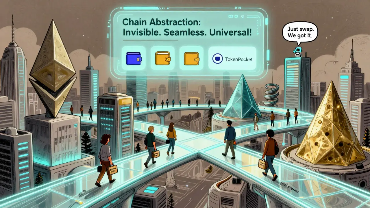 Futuristic city with blockchain-shaped buildings linked by bridges, citizens moving assets freely under the slogan 'Chain Abstraction: Invisible. Seamless. Universal.'