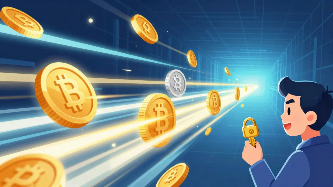 Glowing coins zooming through a digital tunnel representing high-speed transactions.