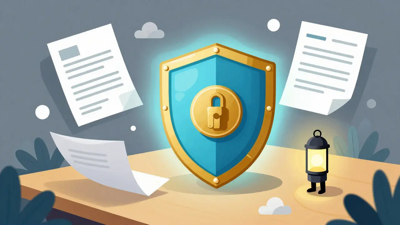 Hardware wallet secured with shield next to regulatory paper concepts.