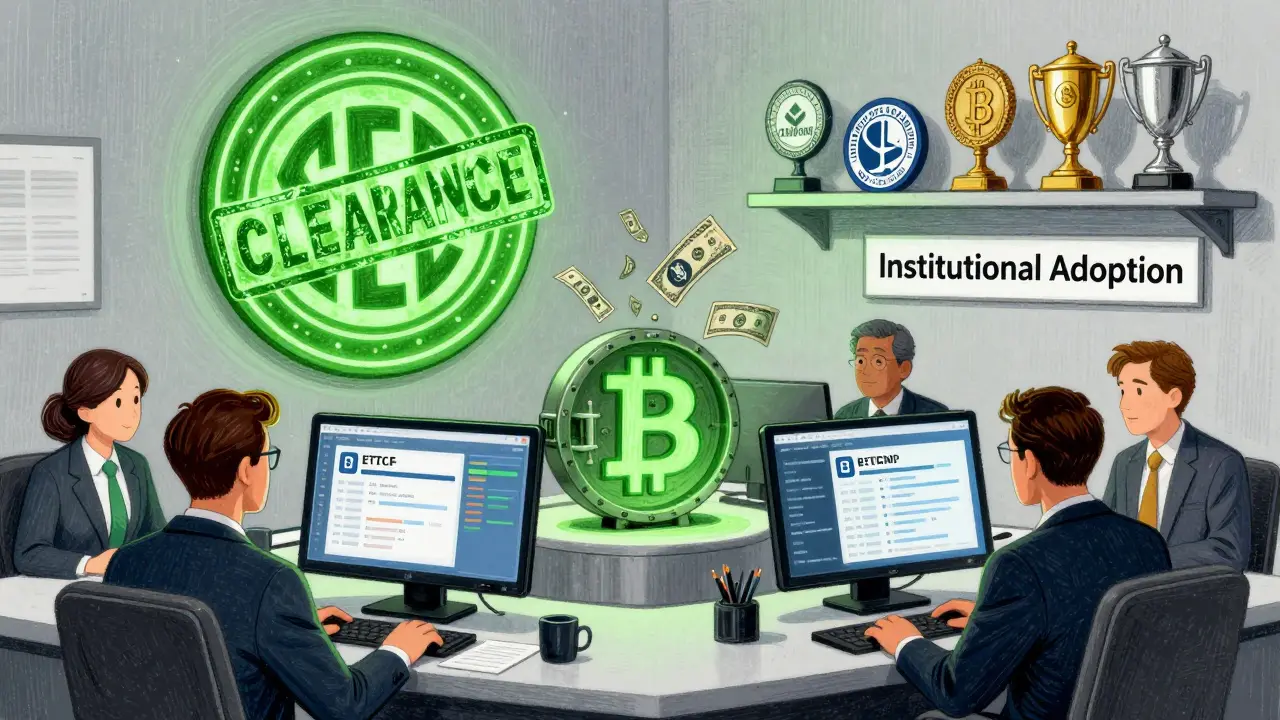 Institutional investors in suits buying Bitcoin ETFs with dollar bills flowing into a Bitcoin vault.